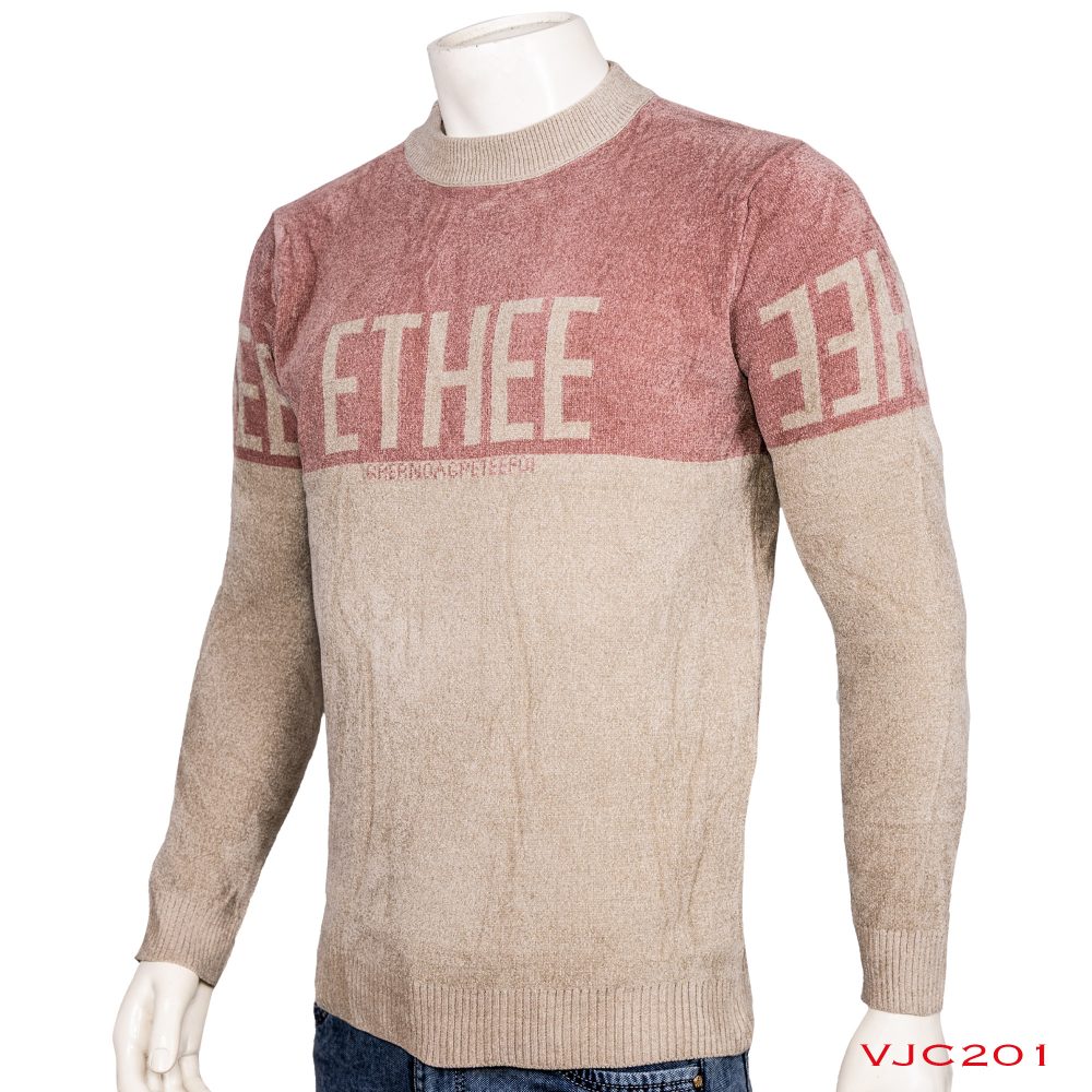 (VJC201) Velvet Round Neck Sweater Warm For Winter ETHEE-Cream And Pink-3