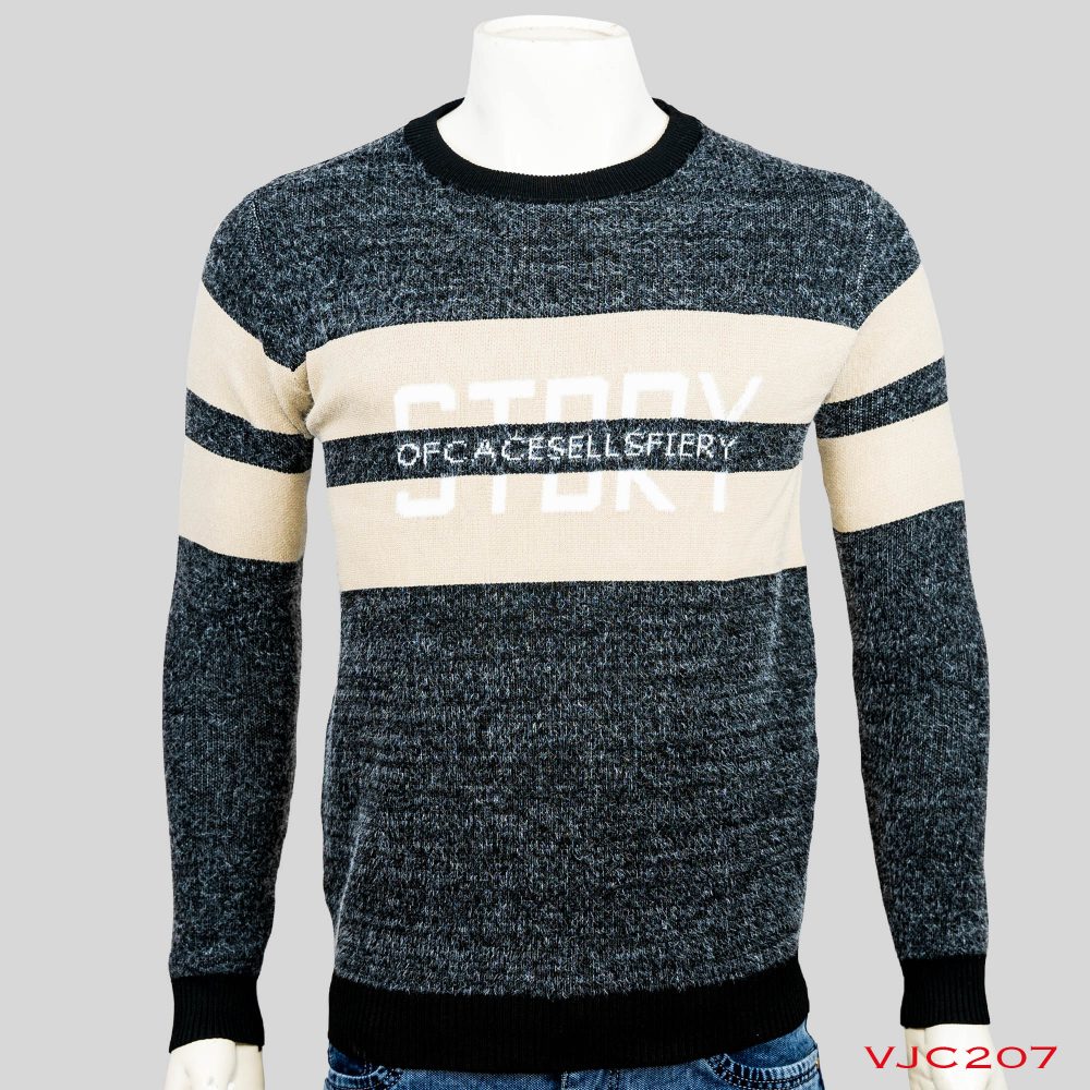 (VJC207) Round Neck Warm Sweater For Men Winter Season-CreamBlack 1