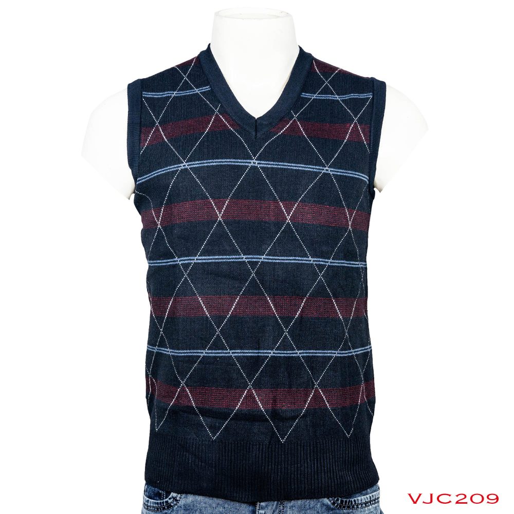 Woolen V Neck Style Half Check Sweater For Winter - Blue With Red Line 1